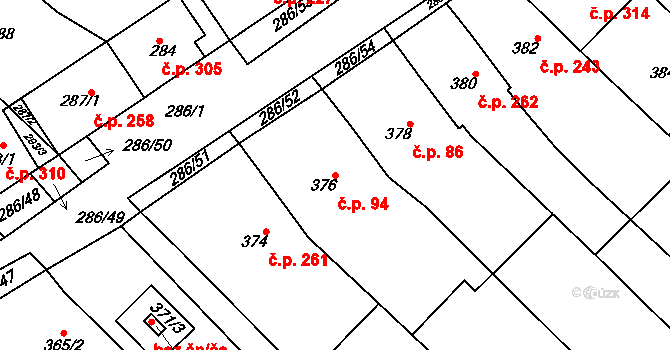 Zarazice 94, Veselí nad Moravou na parcele st. 376 v KÚ Zarazice, Katastrální mapa
