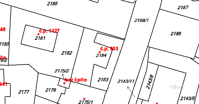 Střekov 933, Ústí nad Labem na parcele st. 2184 v KÚ Střekov, Katastrální mapa