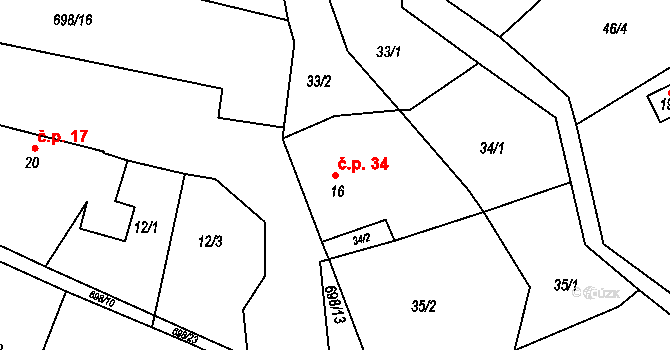 Rašovice 34, Klášterec nad Ohří na parcele st. 16 v KÚ Rašovice u Klášterce nad Ohří, Katastrální mapa