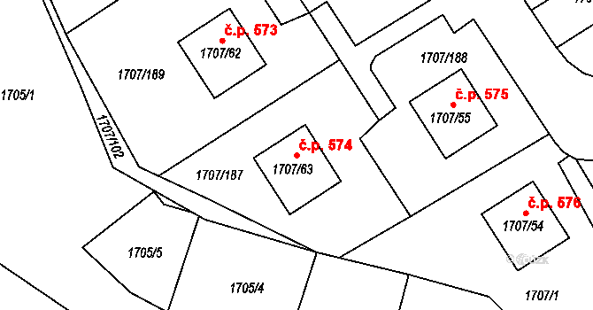 Miřetice u Klášterce nad Ohří 574, Klášterec nad Ohří na parcele st. 1707/63 v KÚ Miřetice u Klášterce nad Ohří, Katastrální mapa