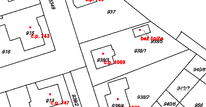 Pelhřimov 1069 na parcele st. 938/3 v KÚ Pelhřimov, Katastrální mapa