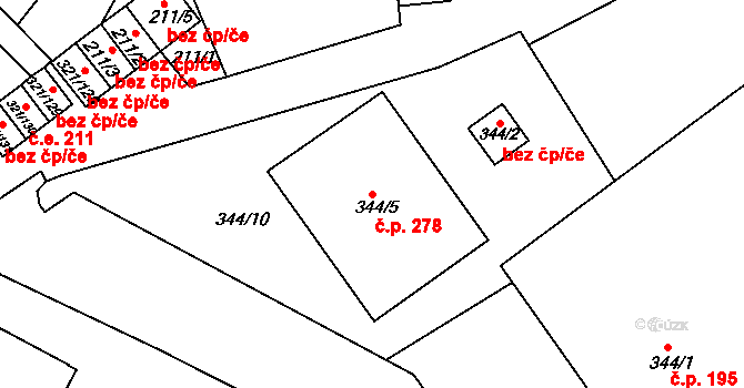Prosetice 278, Teplice na parcele st. 344/5 v KÚ Prosetice, Katastrální mapa