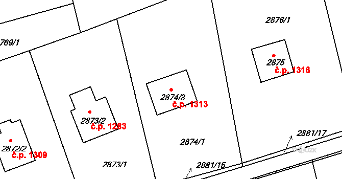 Frýdlant 1313, Frýdlant nad Ostravicí na parcele st. 2874/3 v KÚ Frýdlant nad Ostravicí, Katastrální mapa