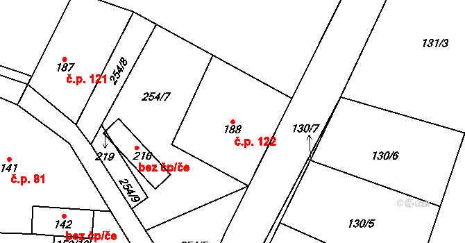 Obora 122, Šindelová na parcele st. 188 v KÚ Obora u Šindelové, Katastrální mapa