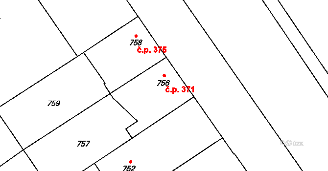 Uhříněves 371, Praha na parcele st. 756 v KÚ Uhříněves, Katastrální mapa