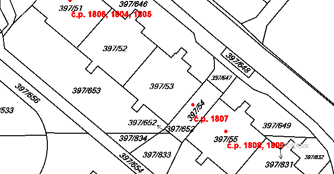 Chodov 1804,1805,1806, Praha na parcele st. 397/53 v KÚ Chodov, Katastrální mapa
