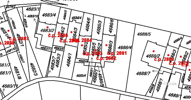 Smíchov 2882, Praha na parcele st. 4686/2 v KÚ Smíchov, Katastrální mapa