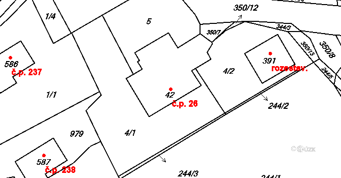 Popovice 26, Králův Dvůr na parcele st. 42 v KÚ Popovice u Králova Dvora, Katastrální mapa