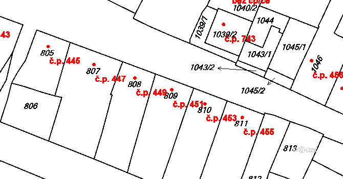 Mikulčice 451 na parcele st. 809 v KÚ Mikulčice, Katastrální mapa