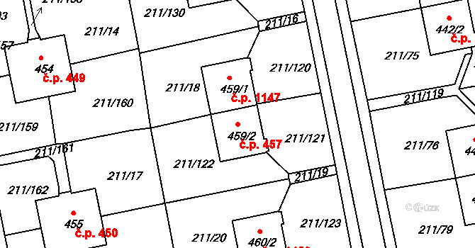 Sezimovo Ústí 457 na parcele st. 459/2 v KÚ Sezimovo Ústí, Katastrální mapa