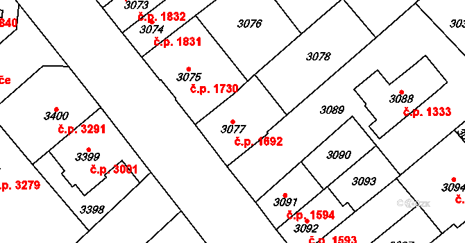 Chomutov 1692 na parcele st. 3077 v KÚ Chomutov I, Katastrální mapa