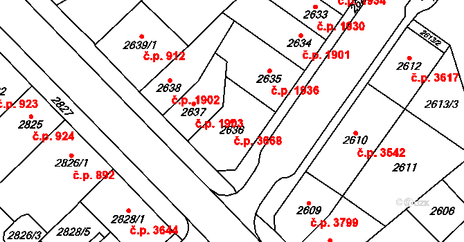 Chomutov 3668 na parcele st. 2636 v KÚ Chomutov I, Katastrální mapa