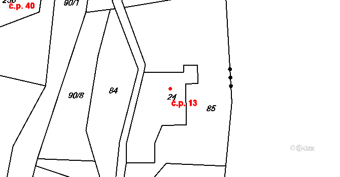Jiříčkov 13, Světlá pod Ještědem na parcele st. 24 v KÚ Světlá pod Ještědem, Katastrální mapa