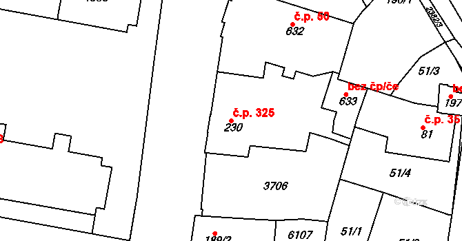 Rosice 325 na parcele st. 230 v KÚ Rosice u Brna, Katastrální mapa