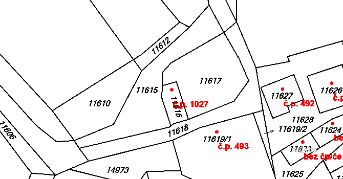 Vsetín 1027 na parcele st. 11616 v KÚ Vsetín, Katastrální mapa