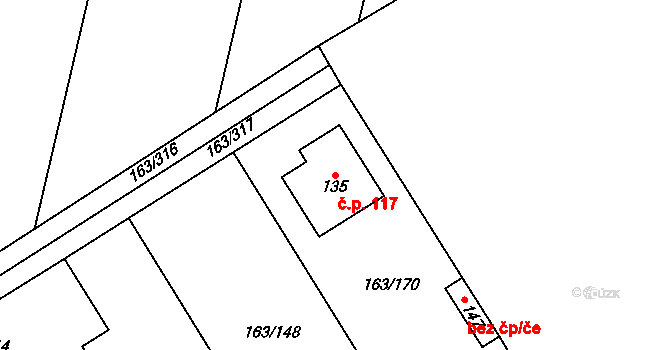 Radovesnice I 117 na parcele st. 135 v KÚ Radovesnice I, Katastrální mapa