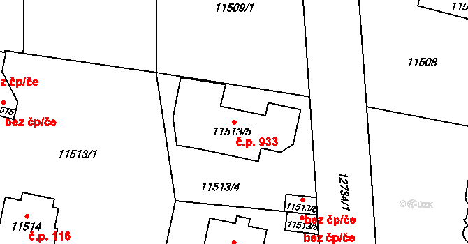 Severní Předměstí 933, Plzeň na parcele st. 11513/5 v KÚ Plzeň, Katastrální mapa