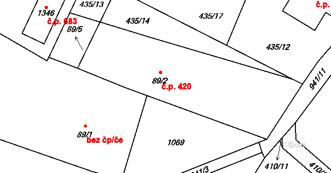 Velké Popovice 420 na parcele st. 89/2 v KÚ Velké Popovice, Katastrální mapa