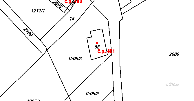 Chlupice 481, Hostěradice na parcele st. 88 v KÚ Chlupice, Katastrální mapa