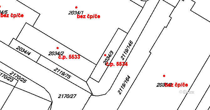 Chomutov 5534 na parcele st. 2034/3 v KÚ Chomutov I, Katastrální mapa