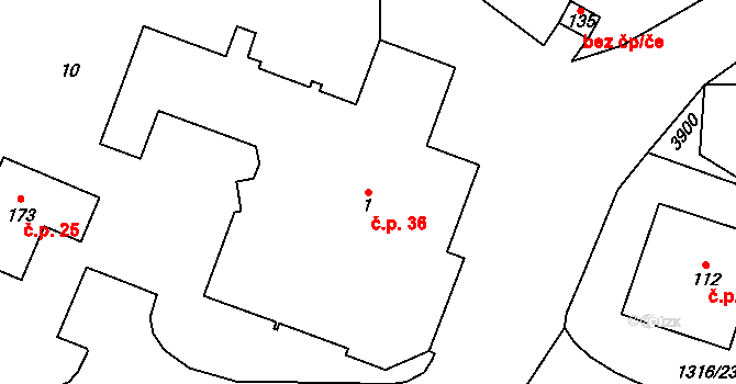 Velký Ratmírov 36 na parcele st. 1 v KÚ Velký Ratmírov, Katastrální mapa