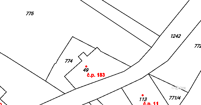 Milotice nad Opavou 183 na parcele st. 49 v KÚ Milotice nad Opavou, Katastrální mapa