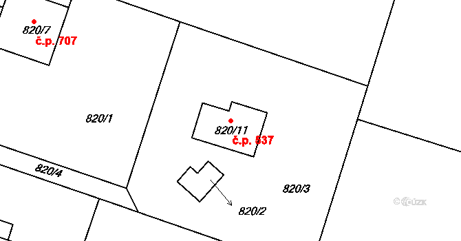 Hradištko 537 na parcele st. 820/11 v KÚ Hradištko u Sadské, Katastrální mapa