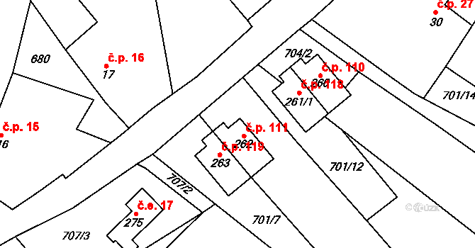 Neustupov 111 na parcele st. 262 v KÚ Neustupov, Katastrální mapa