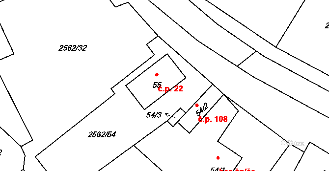 Ovesné Kladruby 22 na parcele st. 55 v KÚ Ovesné Kladruby, Katastrální mapa