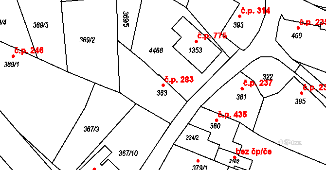 Valašské Klobouky 283 na parcele st. 383 v KÚ Valašské Klobouky, Katastrální mapa