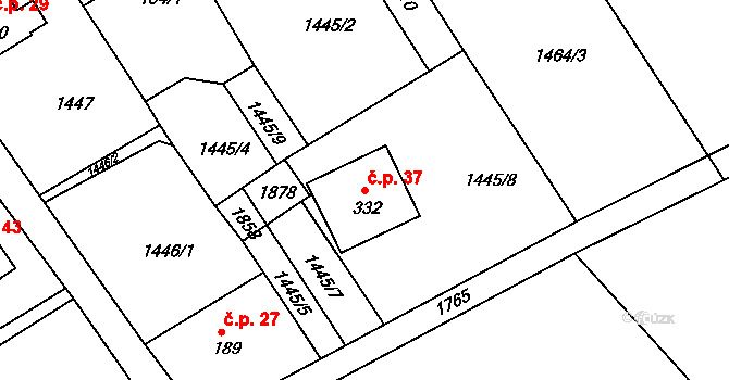 Josefovice 37, Hrabyně na parcele st. 332 v KÚ Hrabyně, Katastrální mapa