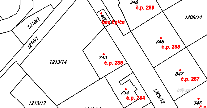 Brandýs nad Orlicí 285 na parcele st. 349 v KÚ Brandýs nad Orlicí, Katastrální mapa