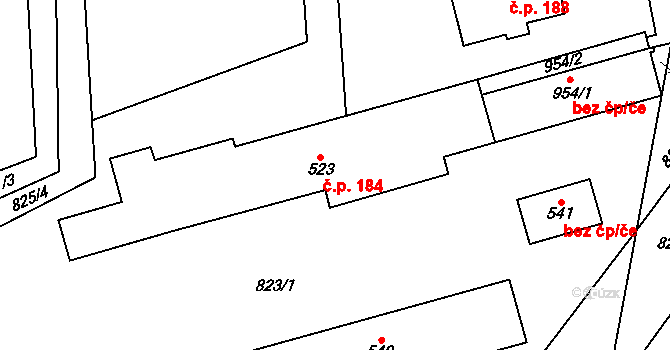 Hanušovice 184 na parcele st. 523 v KÚ Hanušovice, Katastrální mapa