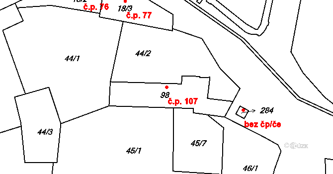 Dřetovice 107 na parcele st. 98 v KÚ Dřetovice, Katastrální mapa