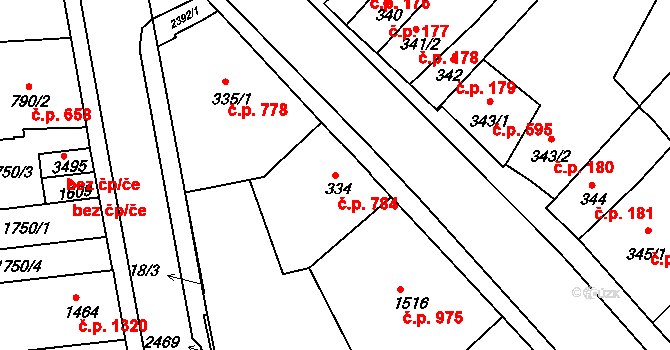 Slaný 784 na parcele st. 334 v KÚ Slaný, Katastrální mapa