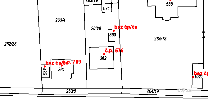 Rudná 576 na parcele st. 362 v KÚ Hořelice, Katastrální mapa