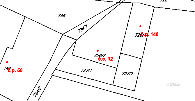 Štípa 12, Zlín na parcele st. 726/2 v KÚ Štípa, Katastrální mapa