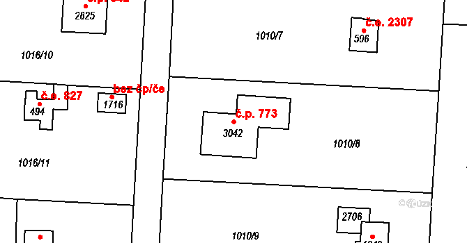 Litice 773, Plzeň na parcele st. 3042 v KÚ Valcha, Katastrální mapa