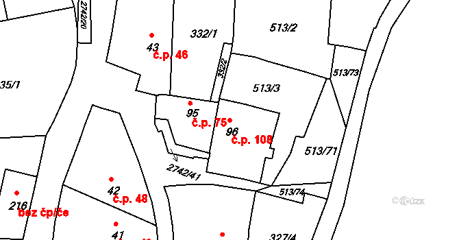Hluboké Mašůvky 108 na parcele st. 96 v KÚ Hluboké Mašůvky, Katastrální mapa