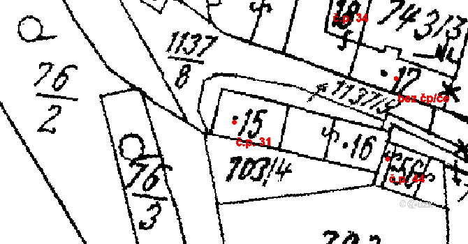 Olešovice 31, Úterý na parcele st. 15 v KÚ Olešovice, Katastrální mapa