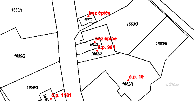 Lyžbice 981, Třinec na parcele st. 1662/3 v KÚ Lyžbice, Katastrální mapa