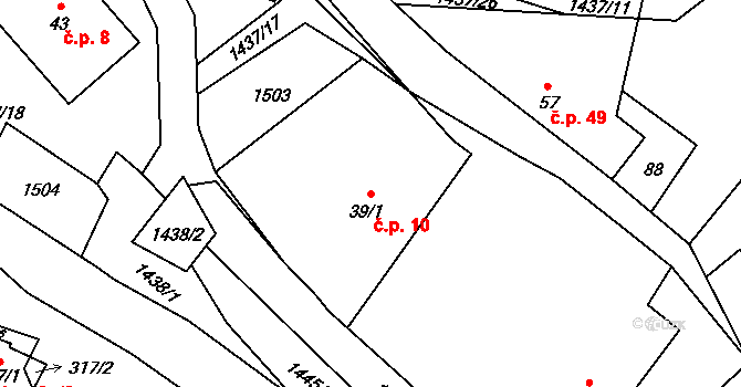 Hybrálec 10 na parcele st. 39/1 v KÚ Hybrálec, Katastrální mapa