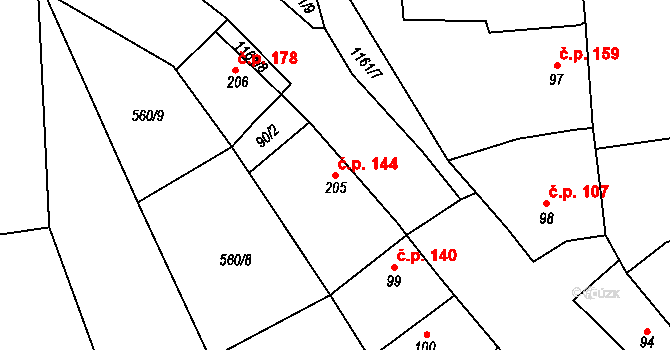 Cerhovice 144 na parcele st. 205 v KÚ Cerhovice, Katastrální mapa