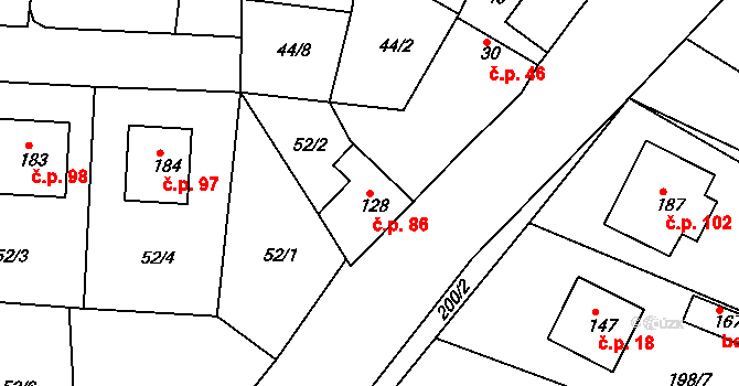 Libošovice 86 na parcele st. 128 v KÚ Libošovice, Katastrální mapa