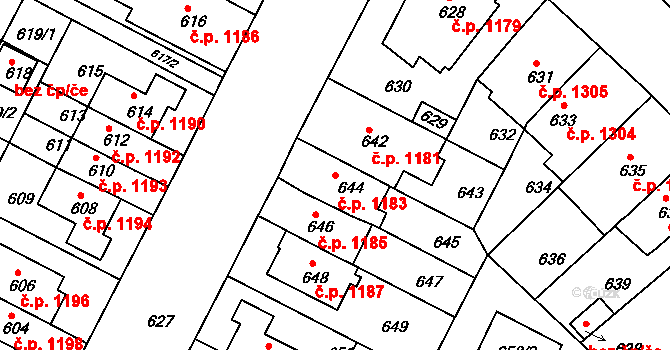 Černá Pole 1183, Brno na parcele st. 644 v KÚ Černá Pole, Katastrální mapa