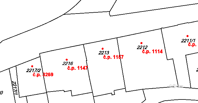 Teplice 1157 na parcele st. 2213 v KÚ Teplice, Katastrální mapa