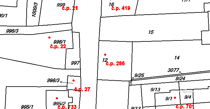 Sedlčany 286 na parcele st. 12 v KÚ Sedlčany, Katastrální mapa