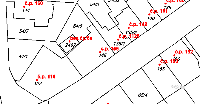 Sezimovo Ústí 156 na parcele st. 145 v KÚ Sezimovo Ústí, Katastrální mapa
