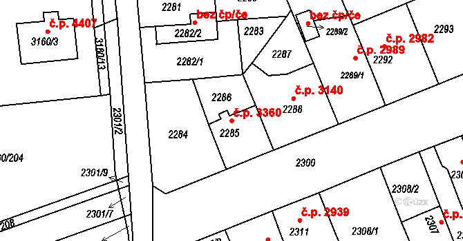 Chomutov 3360 na parcele st. 2285 v KÚ Chomutov II, Katastrální mapa