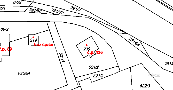 Pulice 136, Dobruška na parcele st. 230 v KÚ Pulice, Katastrální mapa